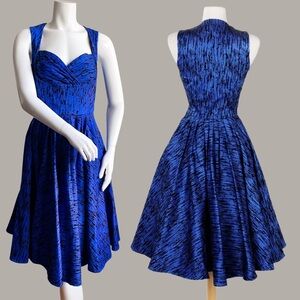 Laura Byrne Blue Flocked Vintage Fit Flare Retro Swing Dress Prom Wedding Formal